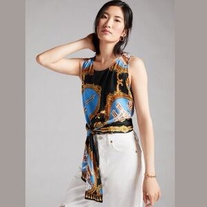 Tiny for Anthropologie Blue and Black Paris Print Tie Waist Blouse